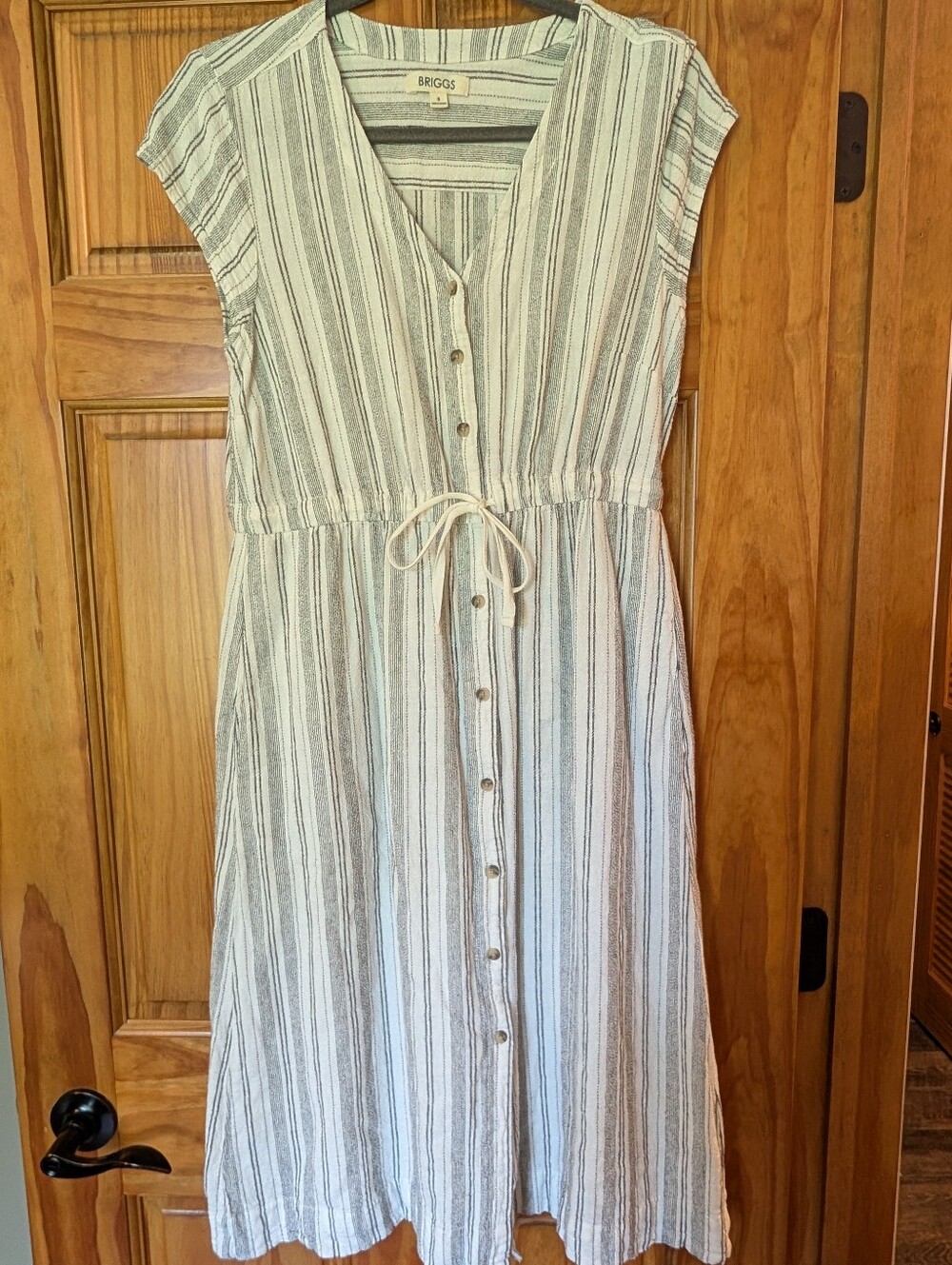 Linen Blend Button Front Midi Dress Adjustable Tie Waist Pockets Women's Small